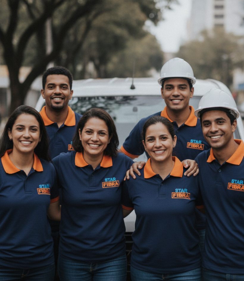 Equipe sorrindo em frente à van de serviço